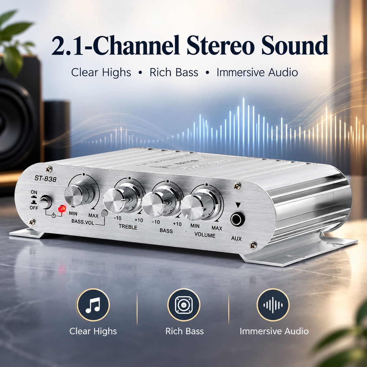 Bluetooth Car Amplifier 12V 80W, 2.1 Channel Mini Stereo Amp with Wireless Audio Streaming