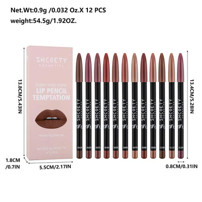 12pcs/set Long Lasting Matte Lip Liner Set, Waterproof Smudge-Proof Transfer-Proof
