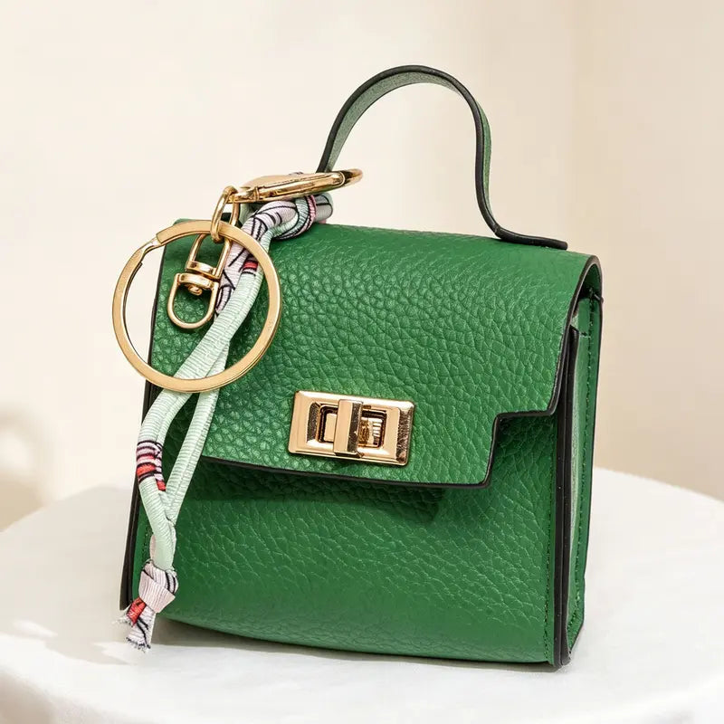 Mini Leather Square Bag Pendant Keychain with Colorful Strap