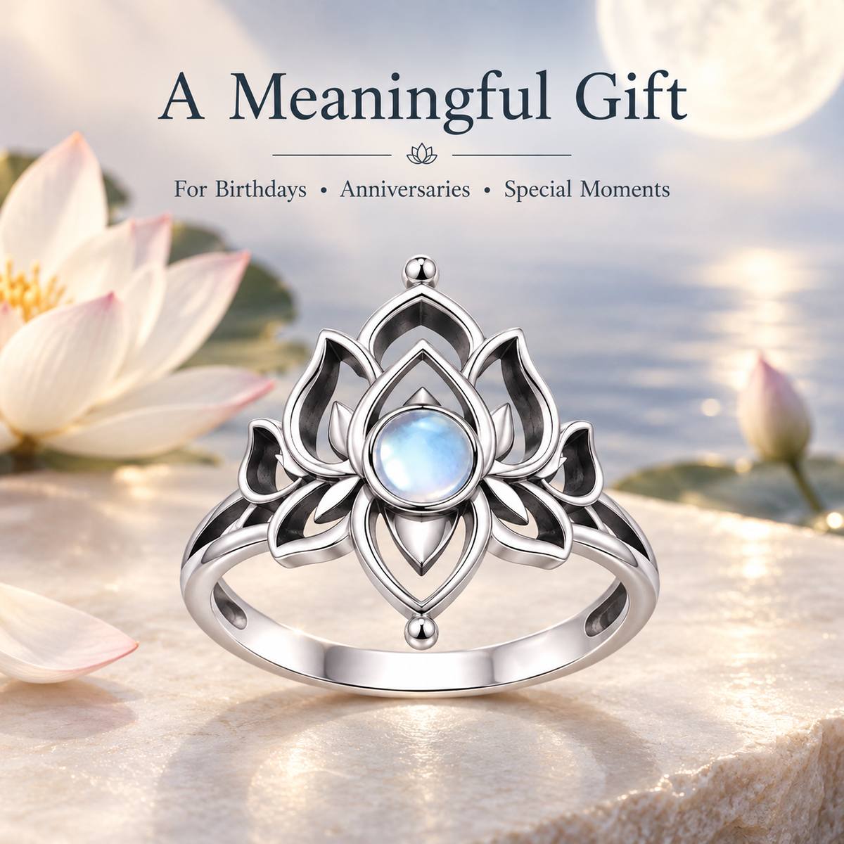 Moonstone Lotus Ring, Vintage Spiritual Growth and Enlightenment Jewelry