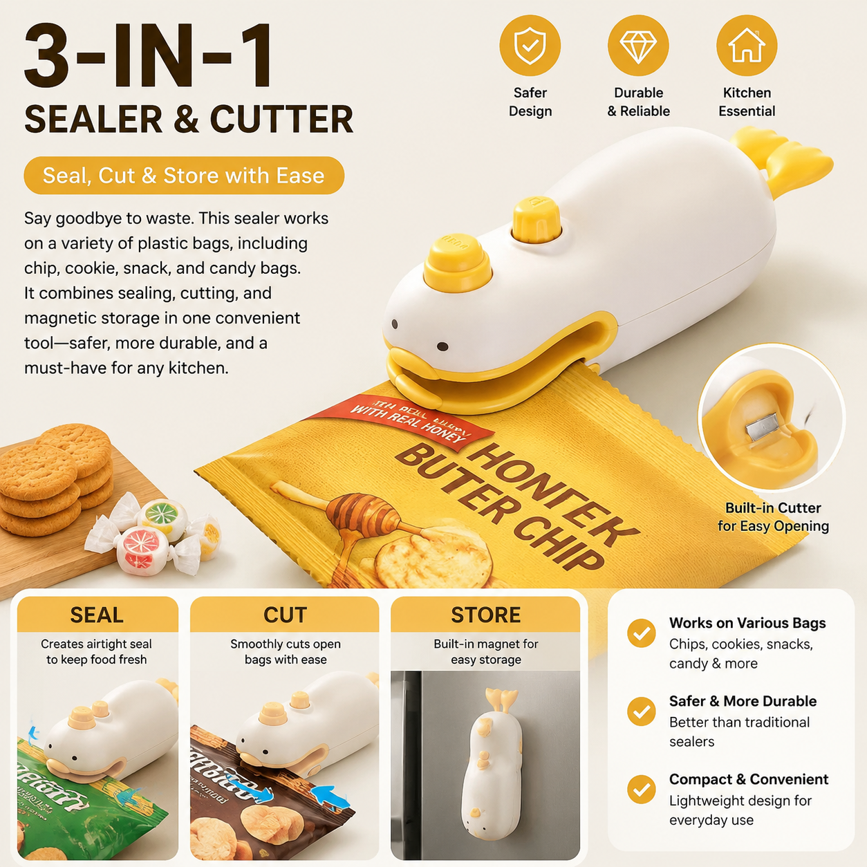 3-in-1 Mini Bag Sealer, Sealer and Cutter Heat Seal, Magnetic and Hanging USB Rechargeable Sealer