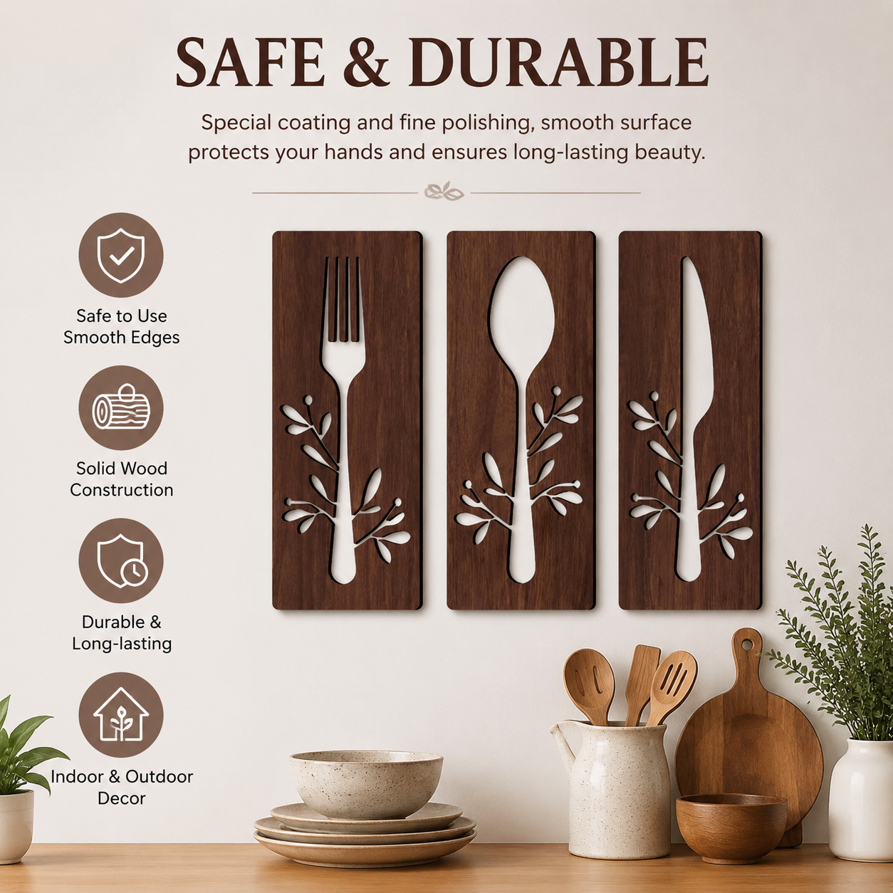 3Pcs Wooden Kitchen Signs: Fork, Spoon, Cutter, Eat - Decorations for Kitchen, Dining Room, Restaurant, Coffee Shop