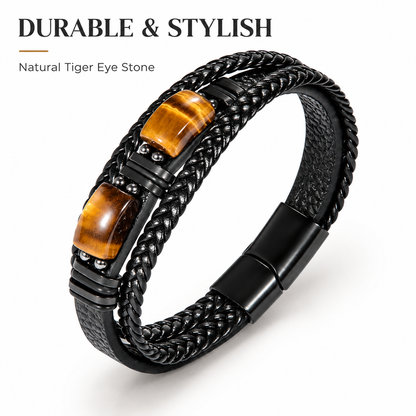 Tiger Eye Black Leather Bracelet Men Courage And Stress Relief Protection Bracelet