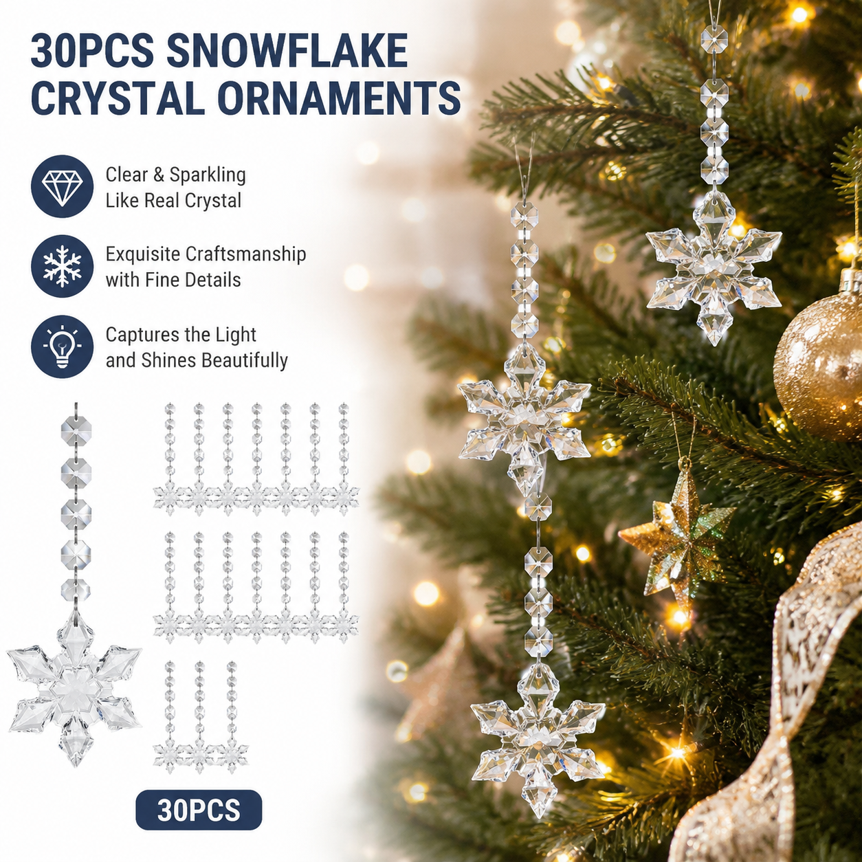 30Pcs Snowflake Crystal Christmas Ornaments for Tree Decorations, Hanging Clear Acrylic Snowflake Ornaments
