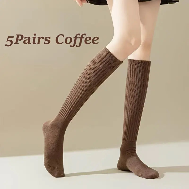 Women's 5-Pairs Thick Cute Slim-Fit Solid Color Calf Boot Socks