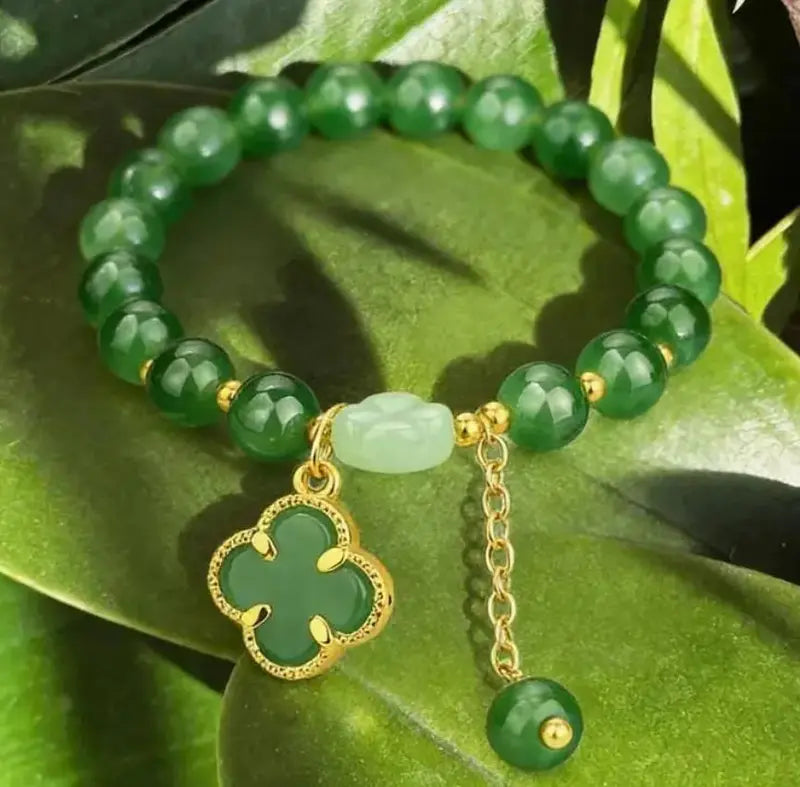 Lucky Four-Leaf Clover Green Aventurine Bracelet - Manifest Wealth & Prosperity Crystal Charm