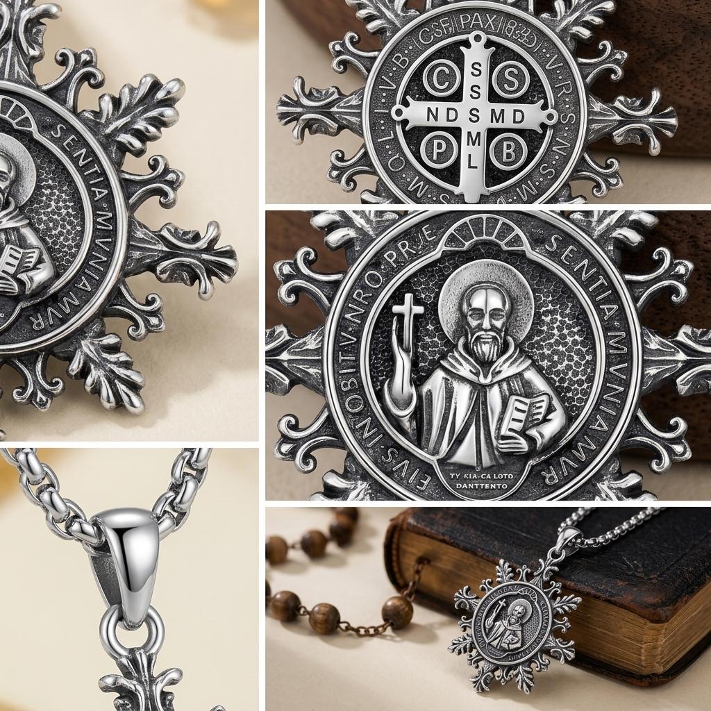 Unisex Silver-Plated Copper Coating St. Benedict Medal Necklace Vintage Snowflake Design
