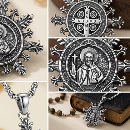 Unisex Silver-Plated Copper Coating St. Benedict Medal Necklace Vintage Snowflake Design