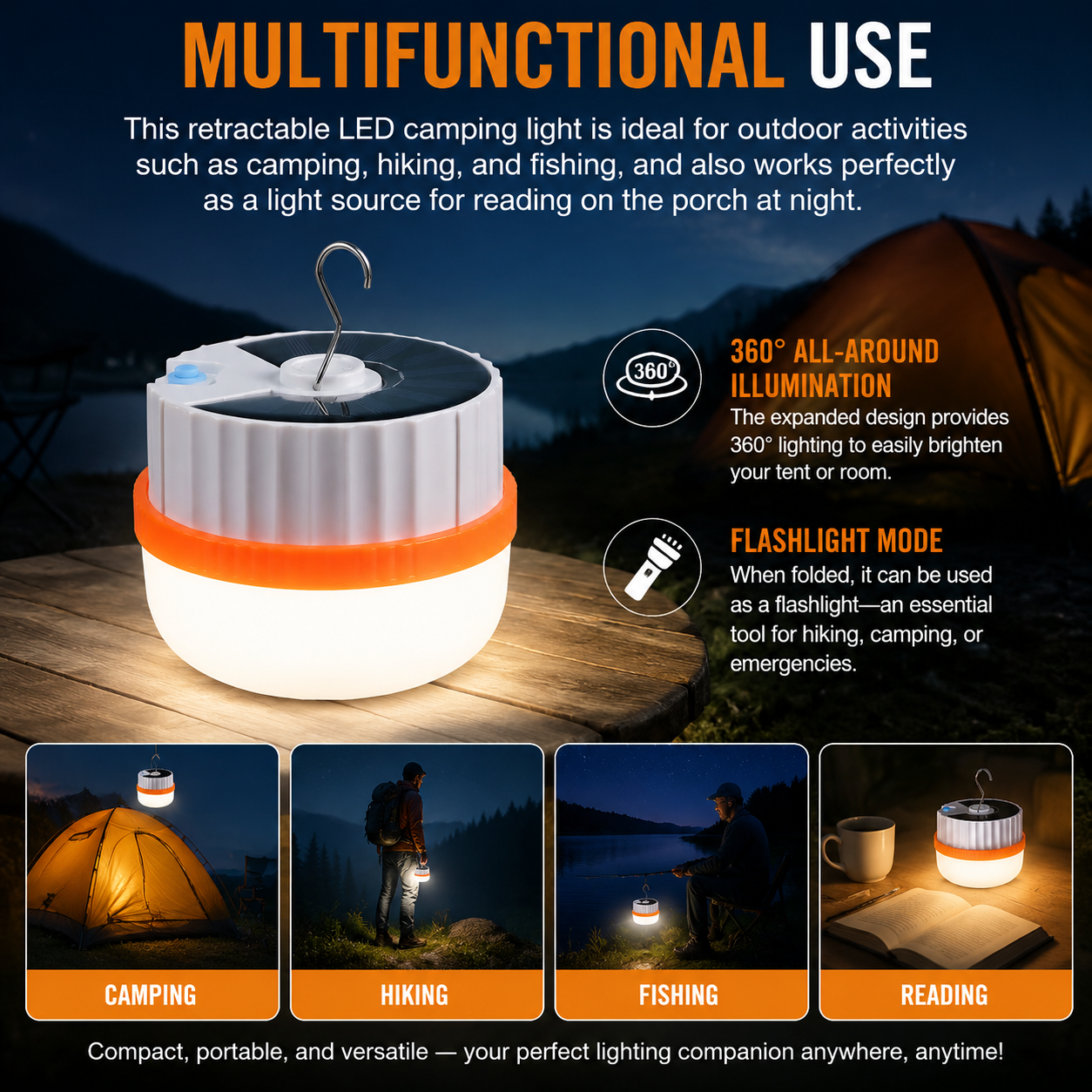 2Pcs Outdoor Solar LED Camping Gear: USB-Rechargeable Camping Light (Waterproof, Hanging Tent Light)