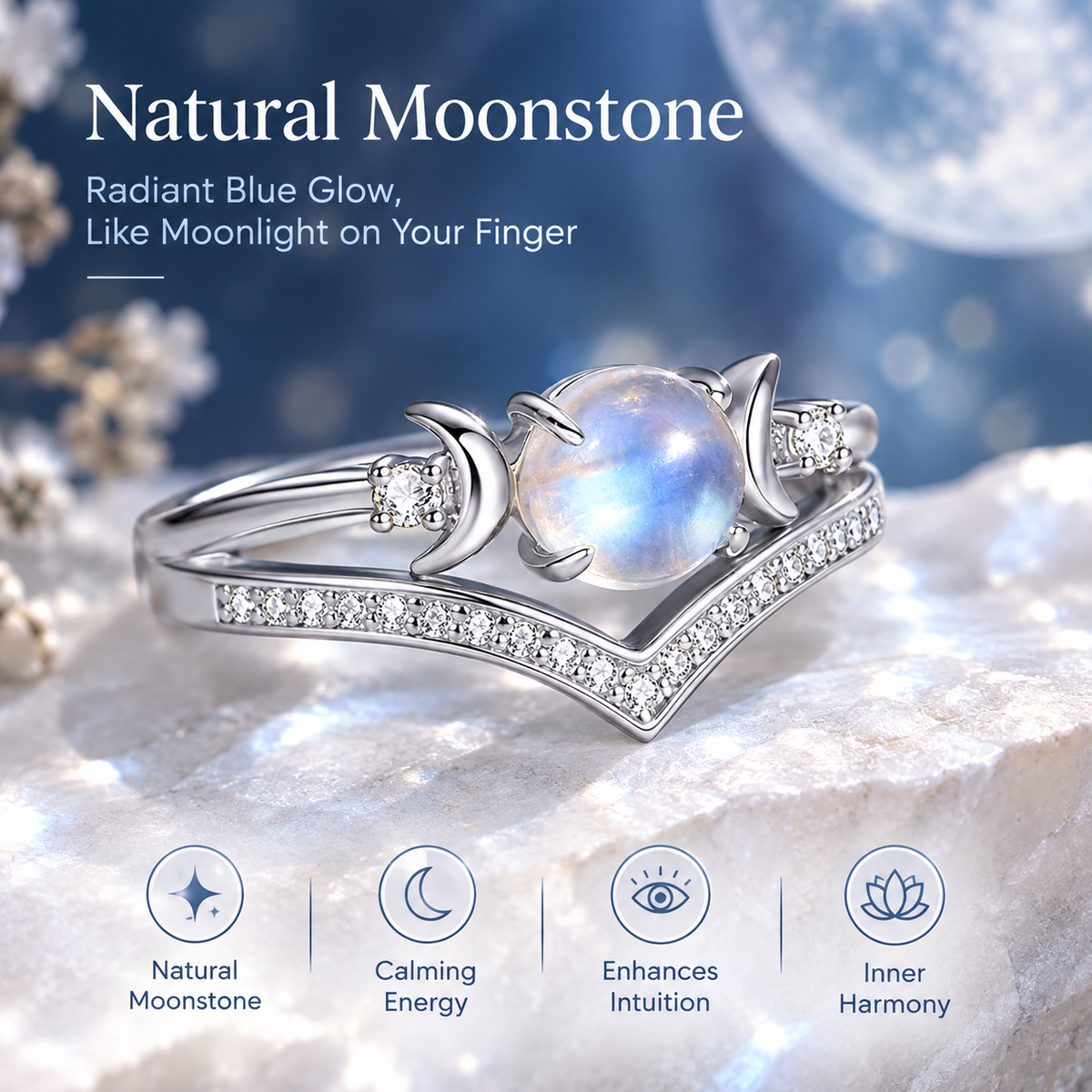 Natural Crystal Triple Moon Godness Ring for Women Adjustable Opening