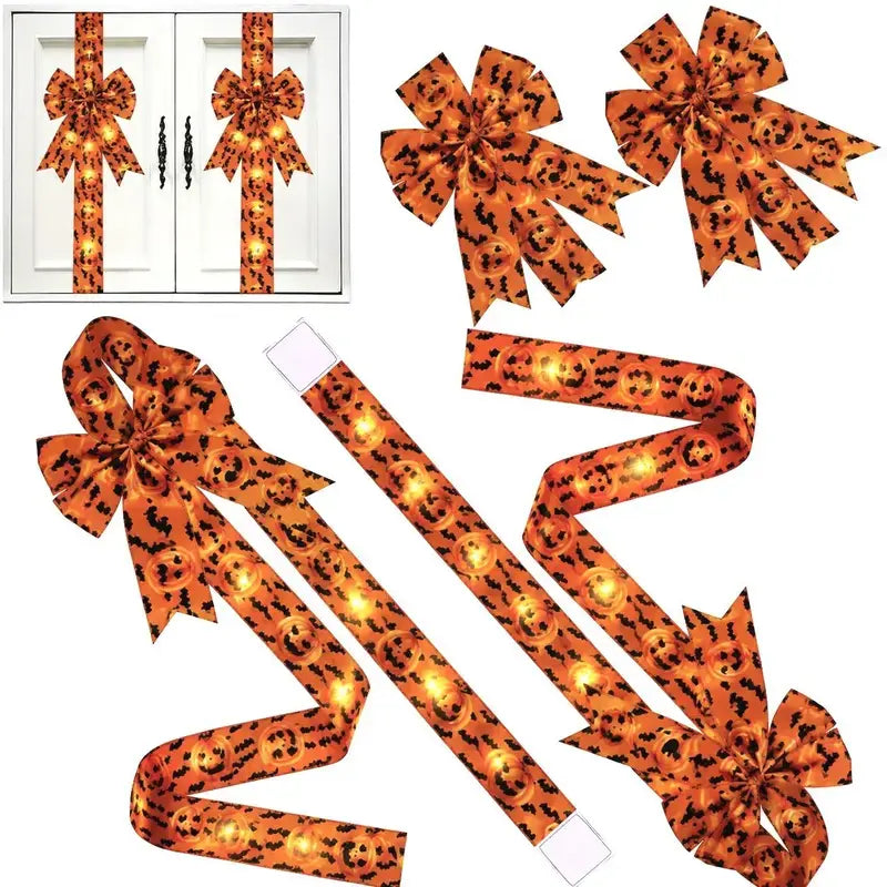 LED Spooky Halloween Cabinet Door Fringe Wreath with Lime Red Large Bow, 79x2.4 Inches