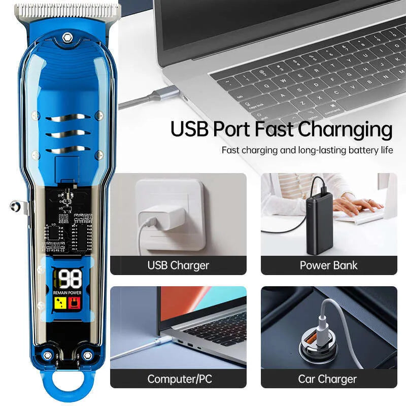 Transparent LCD Digital Display Hair Clipper Kit — Rechargeable Home Hair Trimmer