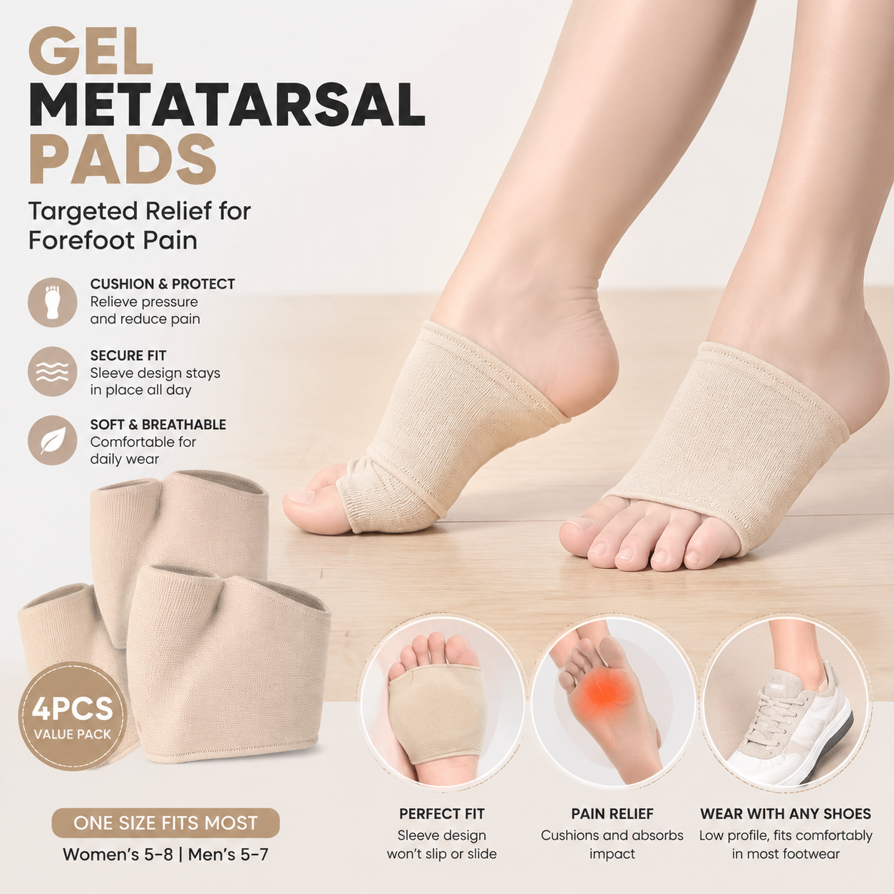 2 Pairs Metatarsal Sleeves Relief Foot Cushions, Wear-Resistant Forefoot Pads