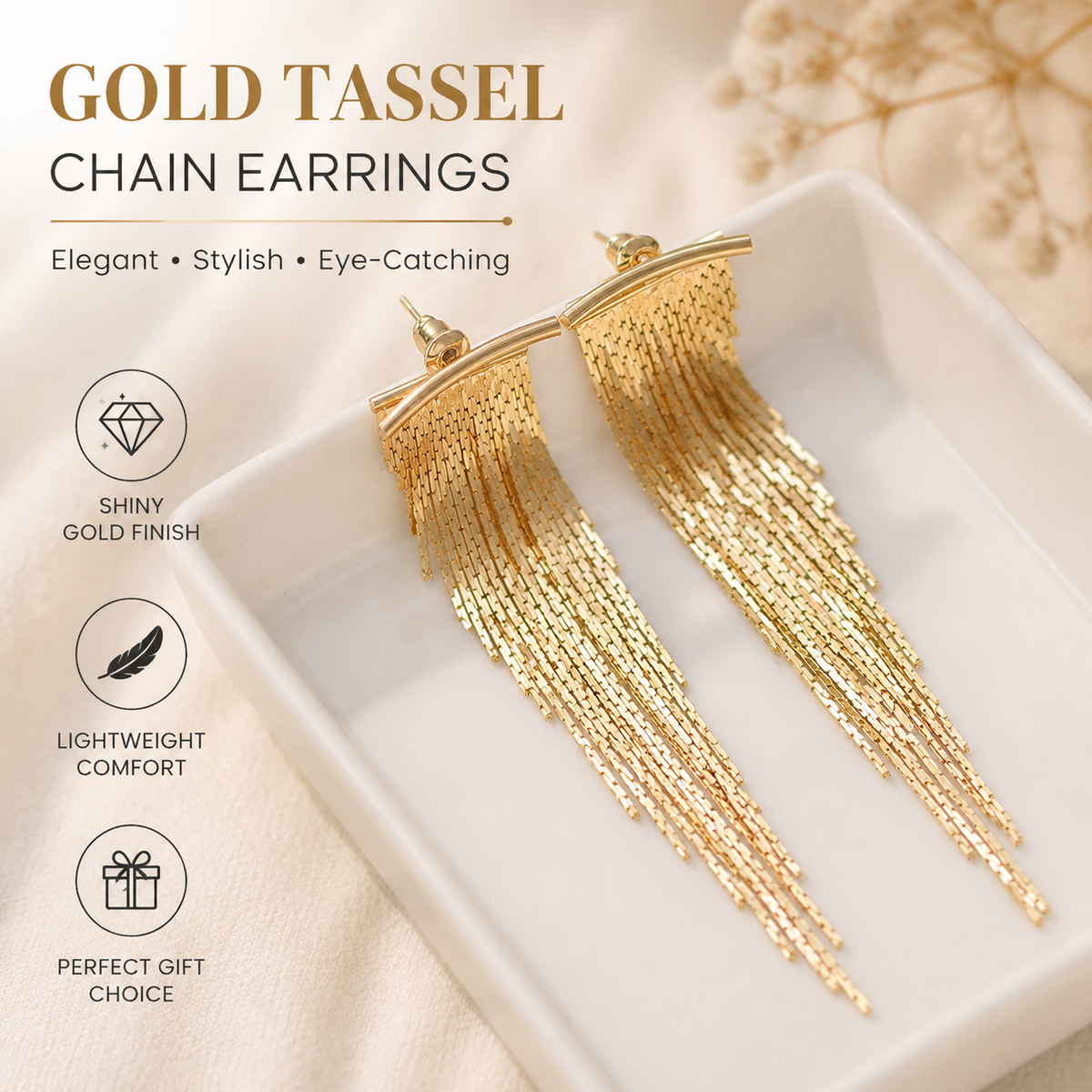1 Pair of Fashionable and Trendy Golden Tassel Stud Earrings, Shining Daily Party Jewelry for Women