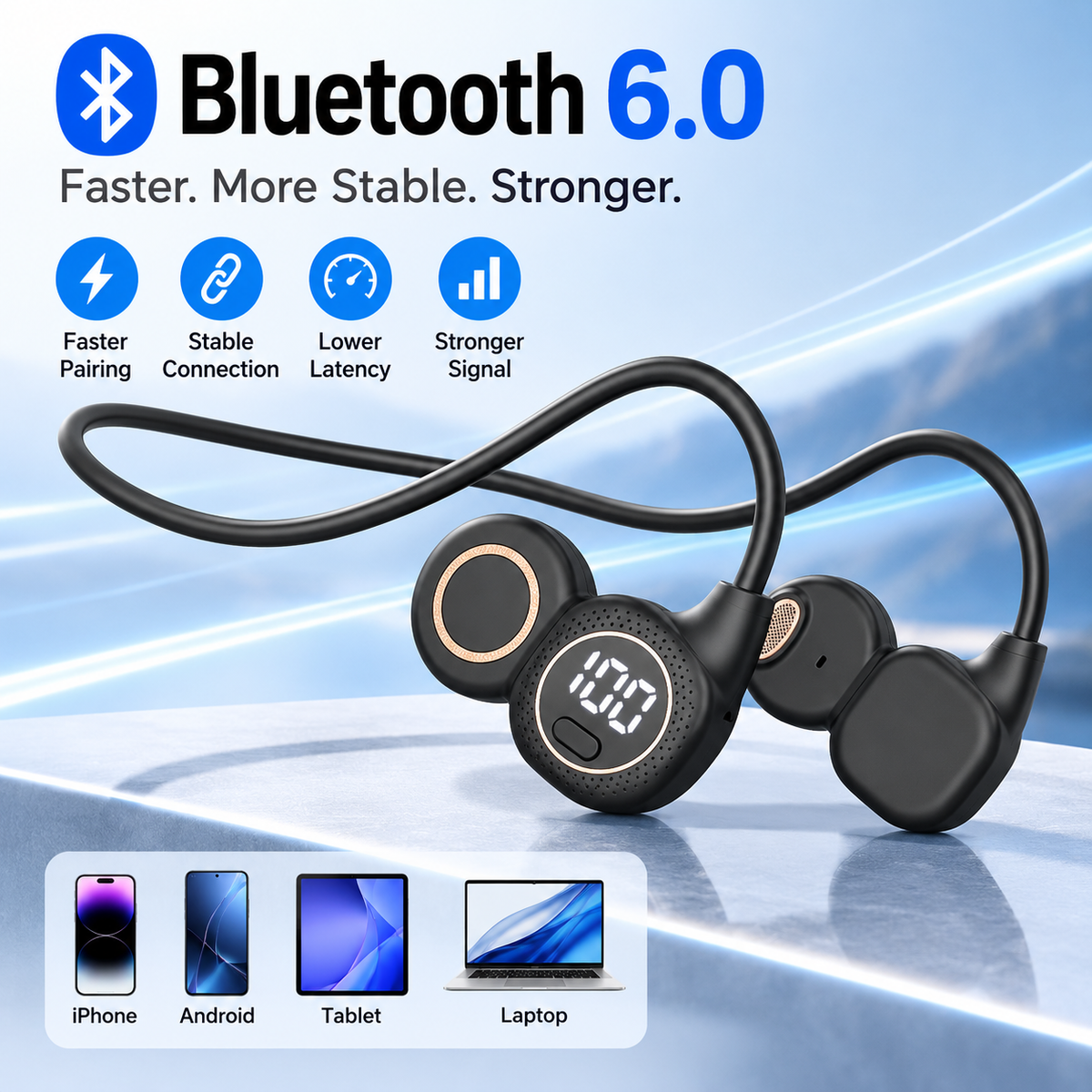 Wireless Open-Ear Sports Headphones Bluetooth 6.0, Air Conduction Neckband Earbuds with LED Power Display