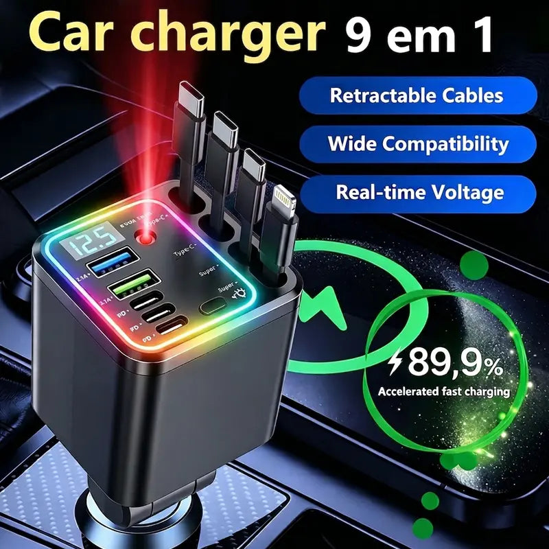 9-in-1-120W Retractable Car Charger with Star Projector Night Light and LED Decorative Light