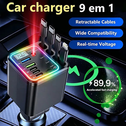 9-in-1-120W Retractable Car Charger with Star Projector Night Light and LED Decorative Light