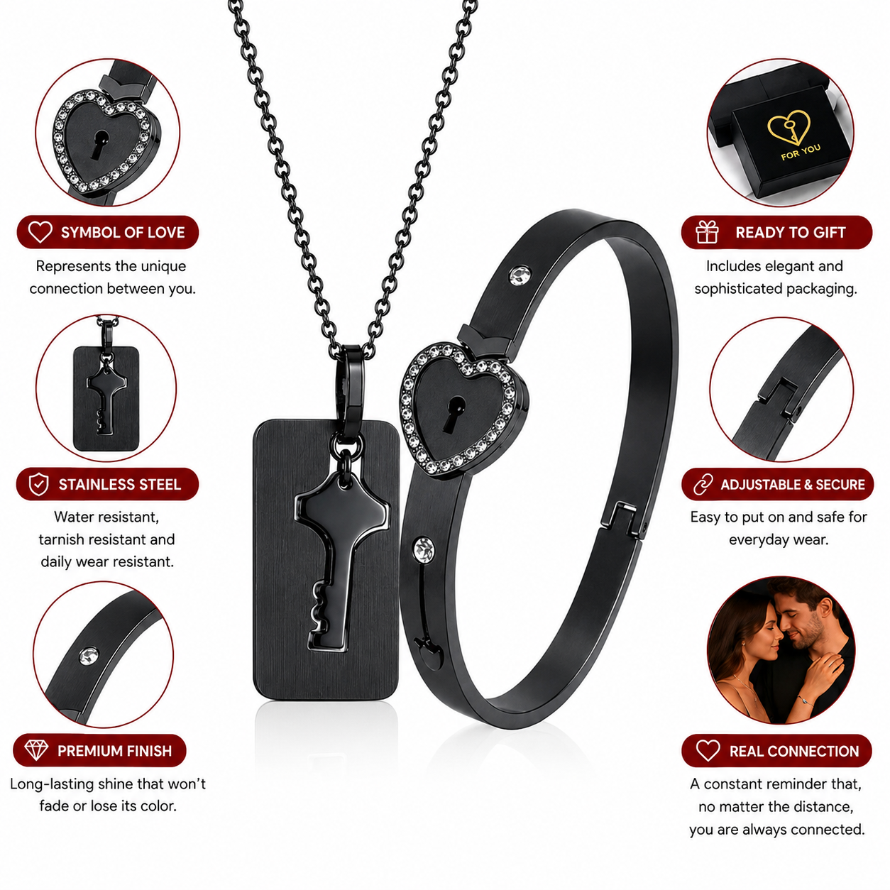 Locking Bracelet With Key For Couple, Love Heart Lock Bangles Key Pendant, Lock Bracelets And Key Necklace Set