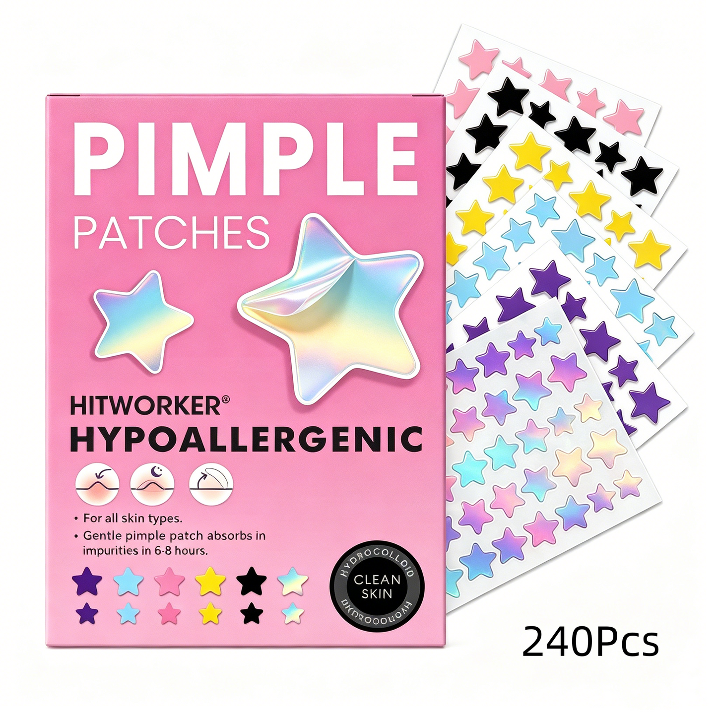 240Pcs Pimple Stars Patches for Face, Hydrocolloid Patches for CoveringZits and Blemishes