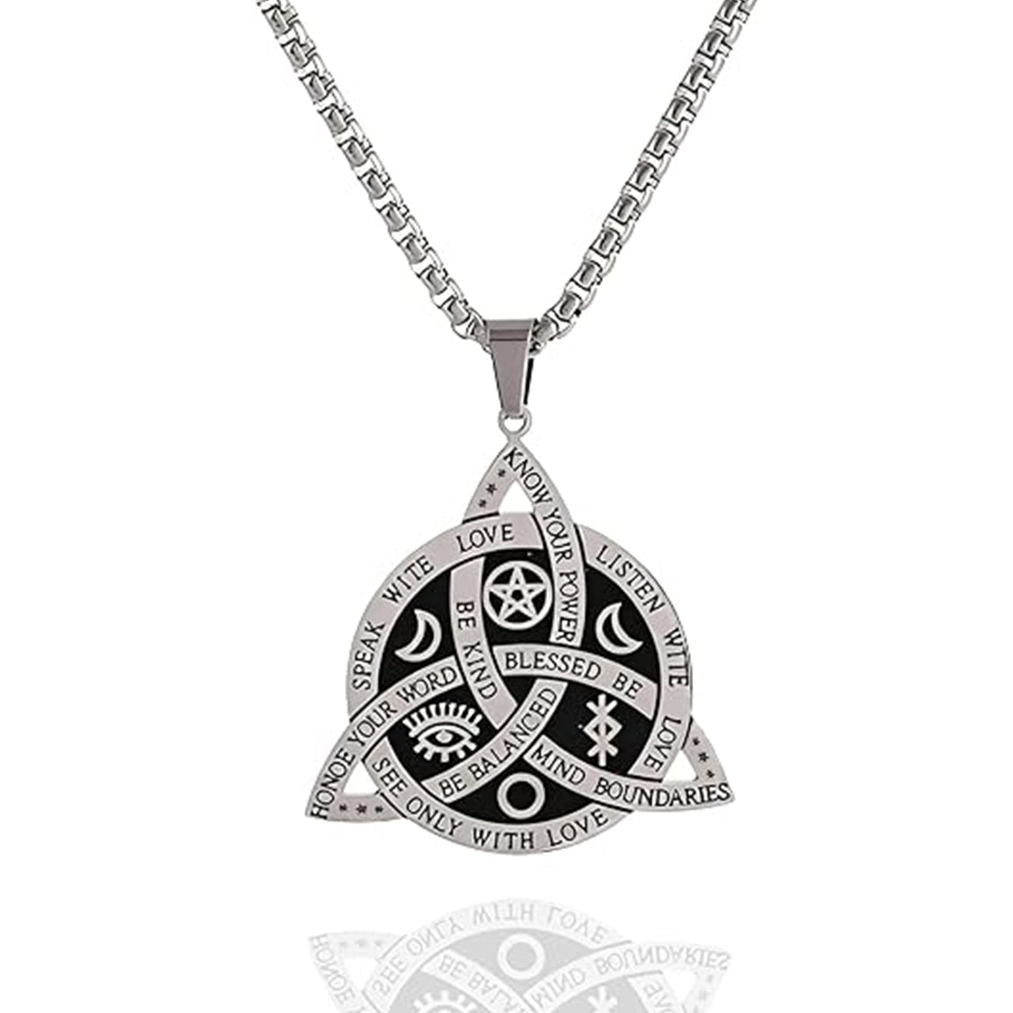 Witch Knot Necklace, Celtic Trinity Knot Triple Goddess Triquetra Pendant with Engraved Inspirational Quotes