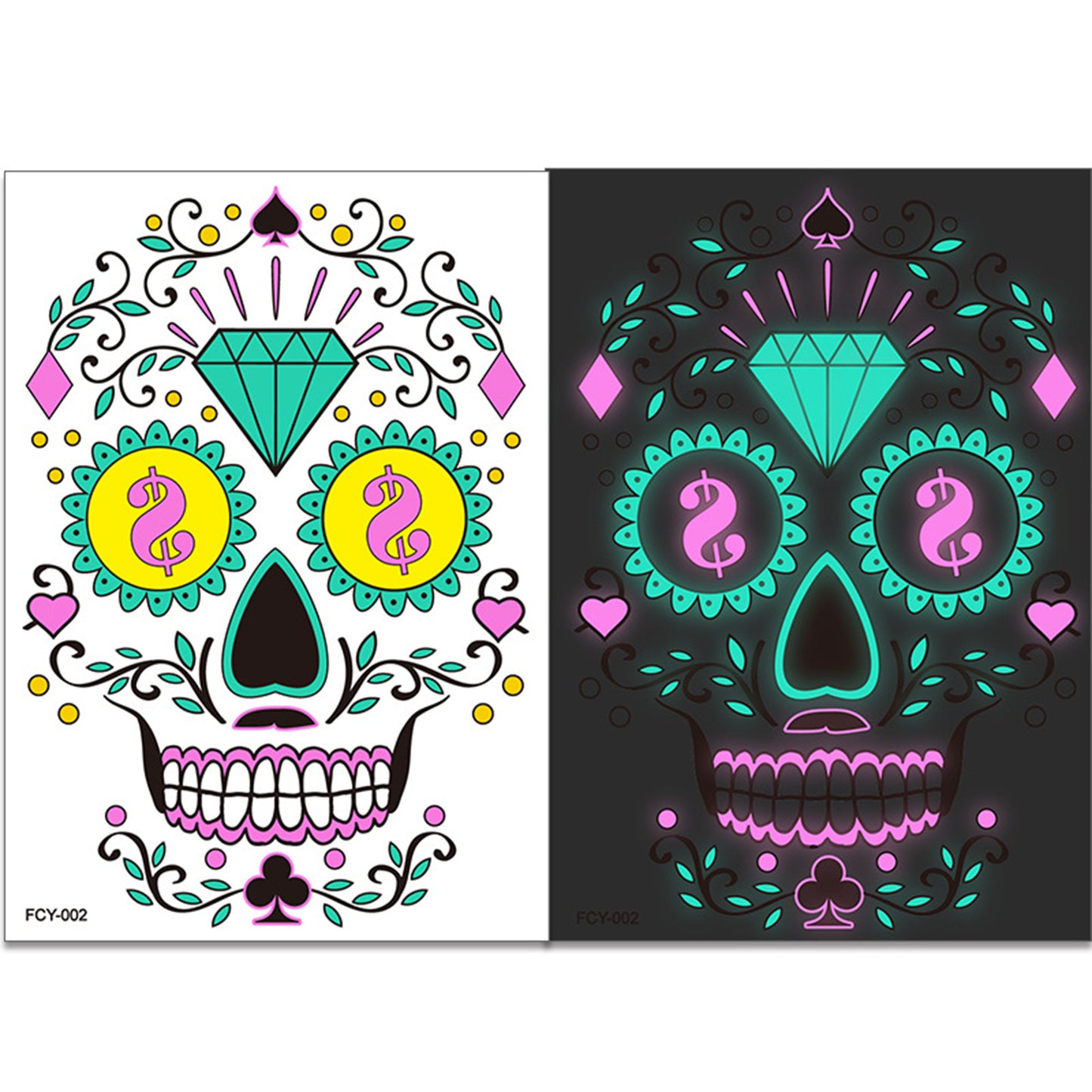 4pcs/set Halloween Glow Tattoos - UV Reactive Sugar Skull Face Decals