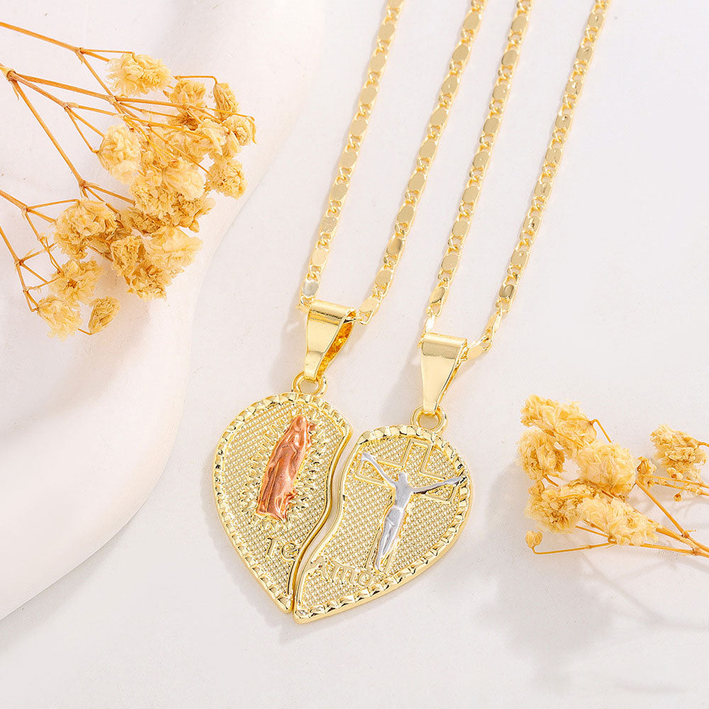 Virgen De Guadalupe Necklace Set Matching Heart Cross Pendant