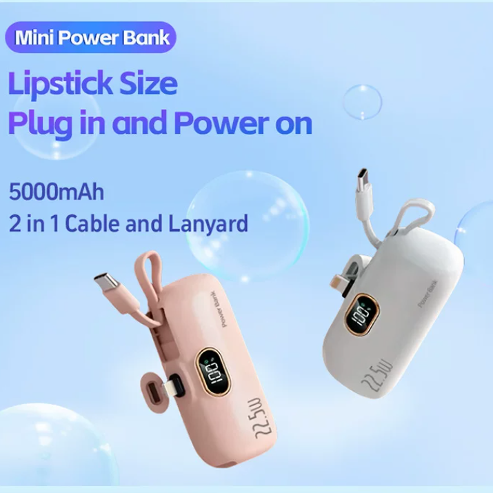 22.5W Fast Charging Mini Capsule Power Bank — 5000mAh Built-in Cables, LED Display