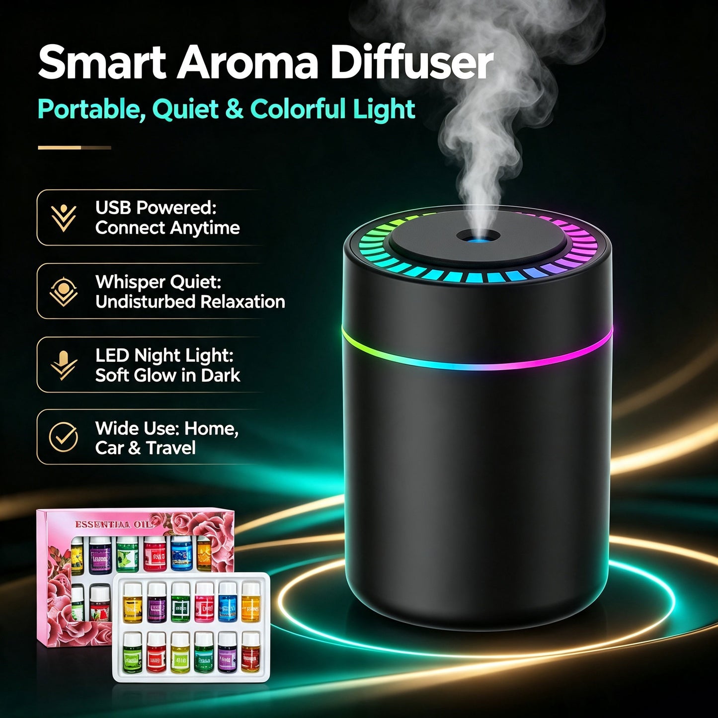 Portable Humidifier with Colorful LED Night Light and 12PCS Essential Oils