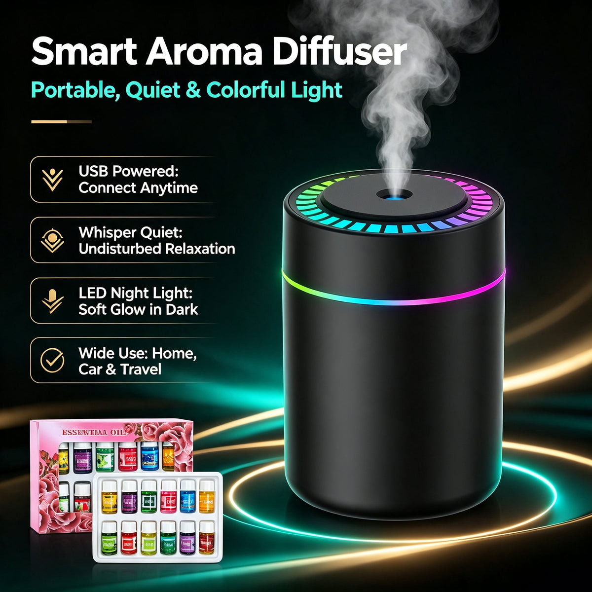 Portable Humidifier with Colorful LED Night Light and 12PCS Essential Oils