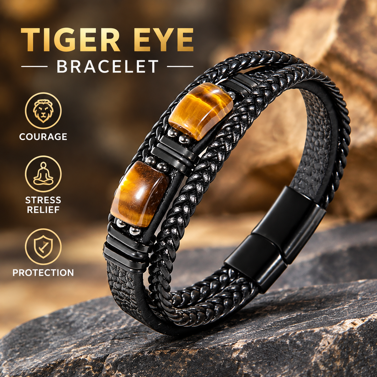 Tiger Eye Black Leather Bracelet Men Courage And Stress Relief Protection Bracelet