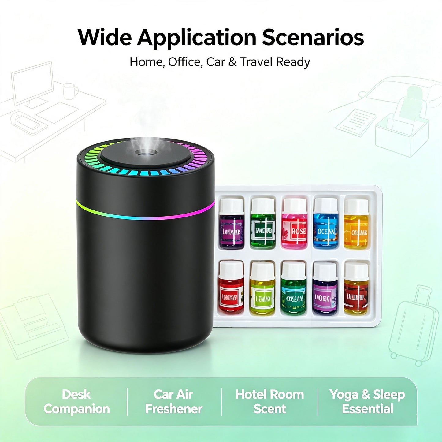 Portable Humidifier with Colorful LED Night Light and 12PCS Essential Oils