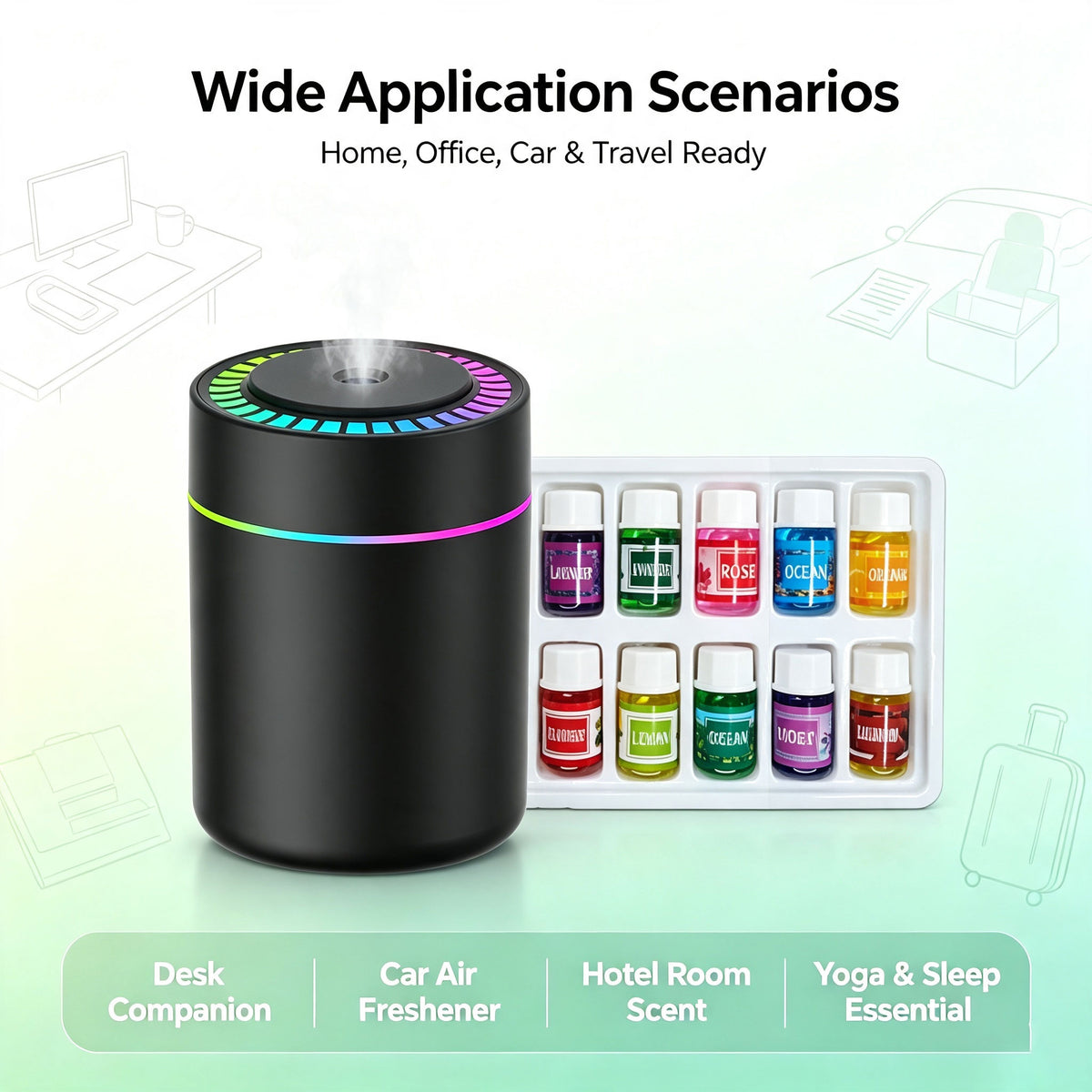 Portable Humidifier with Colorful LED Night Light and 12PCS Essential Oils