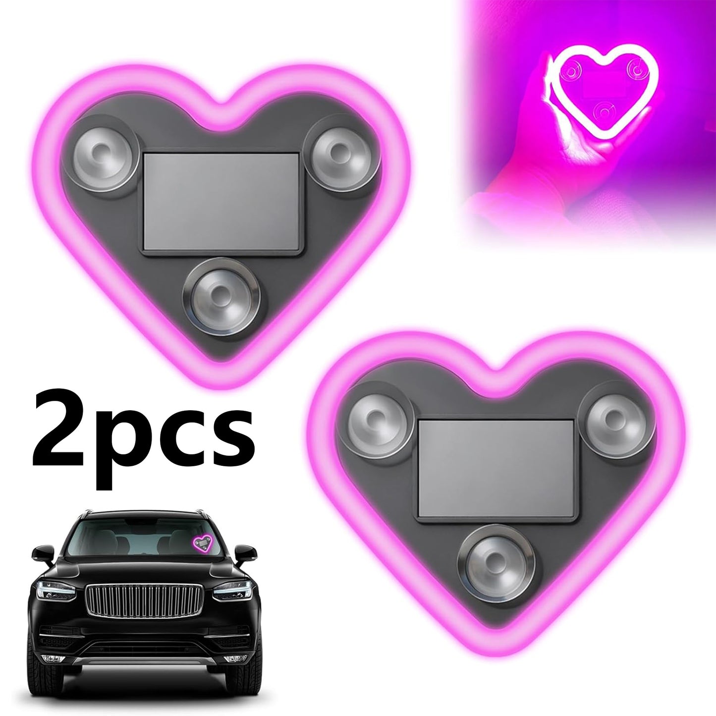 2PCS Solar Powered LED Heart Shape C-Pillar Neon Light Wireless