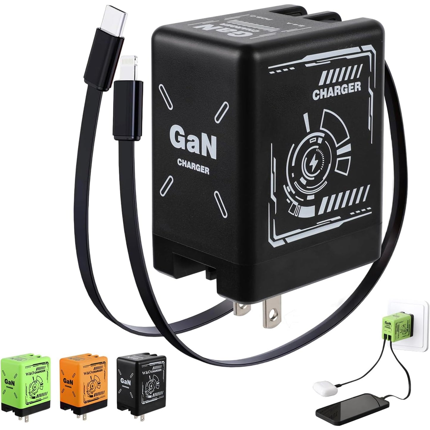 2-in-1 GaN Compatible with Fast Charger, GaN Charger Fast Charging, Retractable Phone Chargers Wall Plug