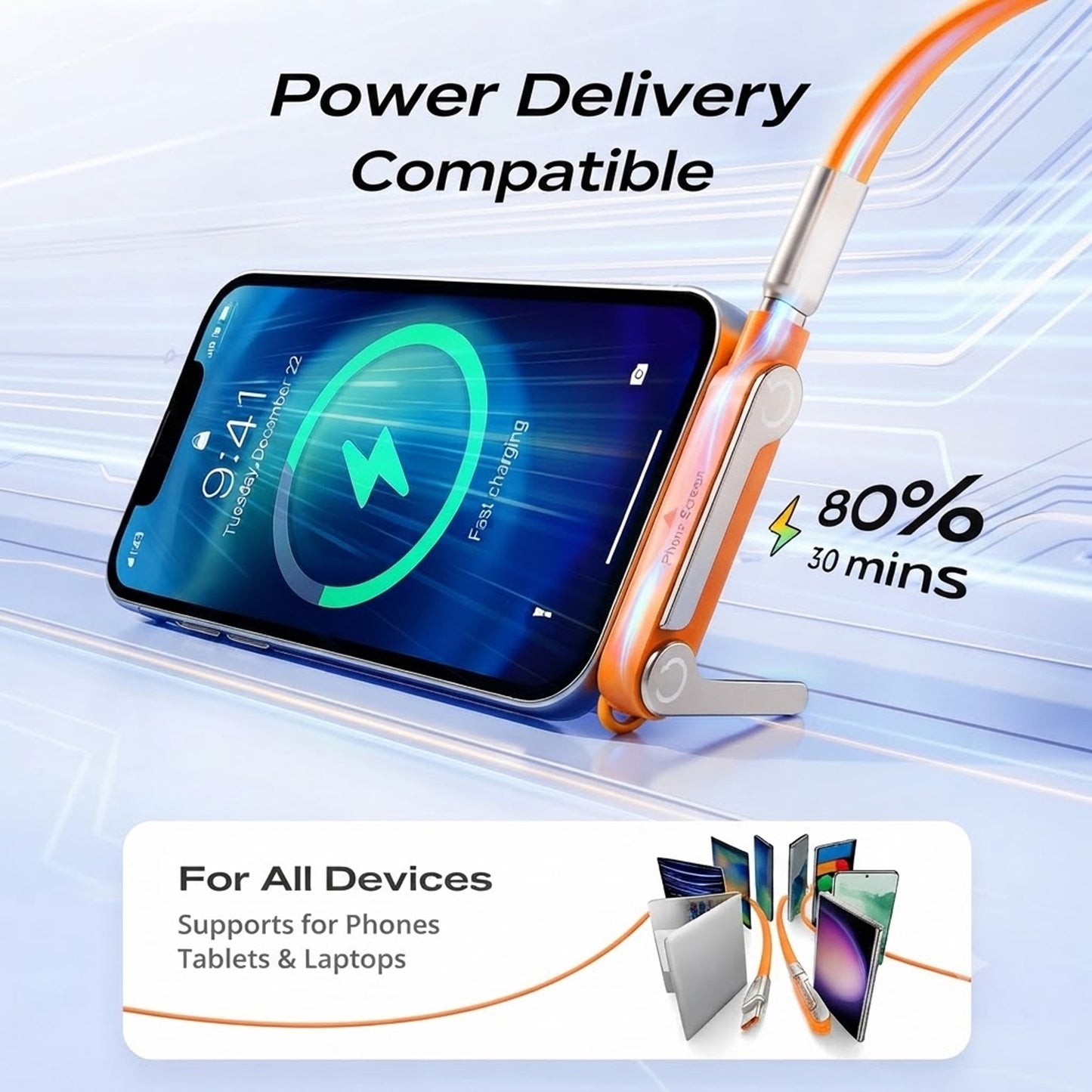 240w Stand Data Cable Invisible Foldable Holder Charger Cable with Stand,5 FT USB C to USB C Fast Charging Cable