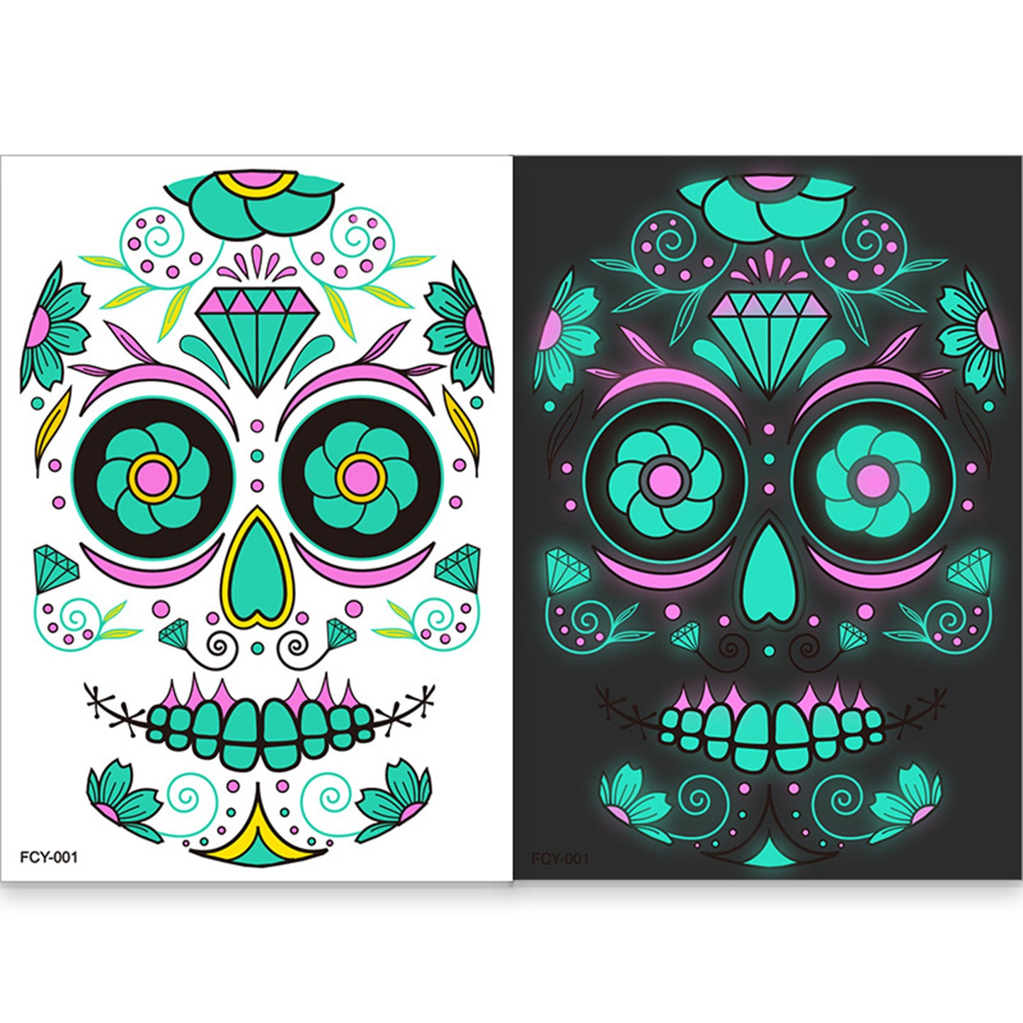 4pcs/set Halloween Glow Tattoos - UV Reactive Sugar Skull Face Decals