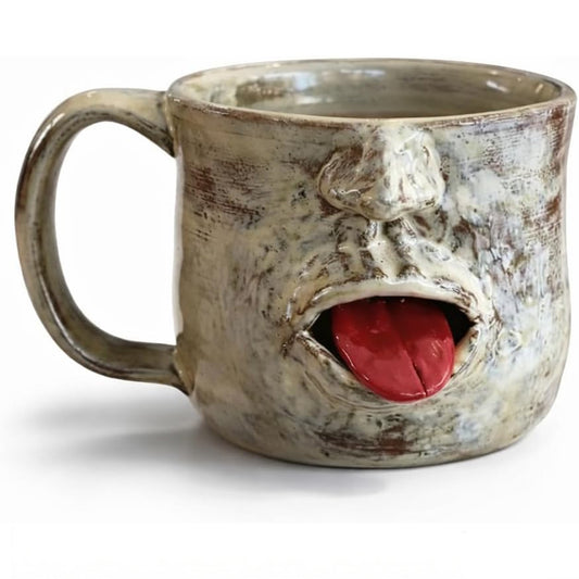 Handmade Face Shaped Ceramic Mug, Funny Tongue Out Coffee Cup with Artistic Sculptural Design
