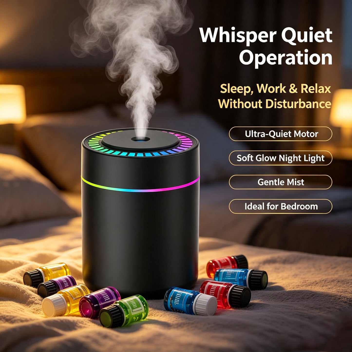 Portable Humidifier with Colorful LED Night Light and 12PCS Essential Oils