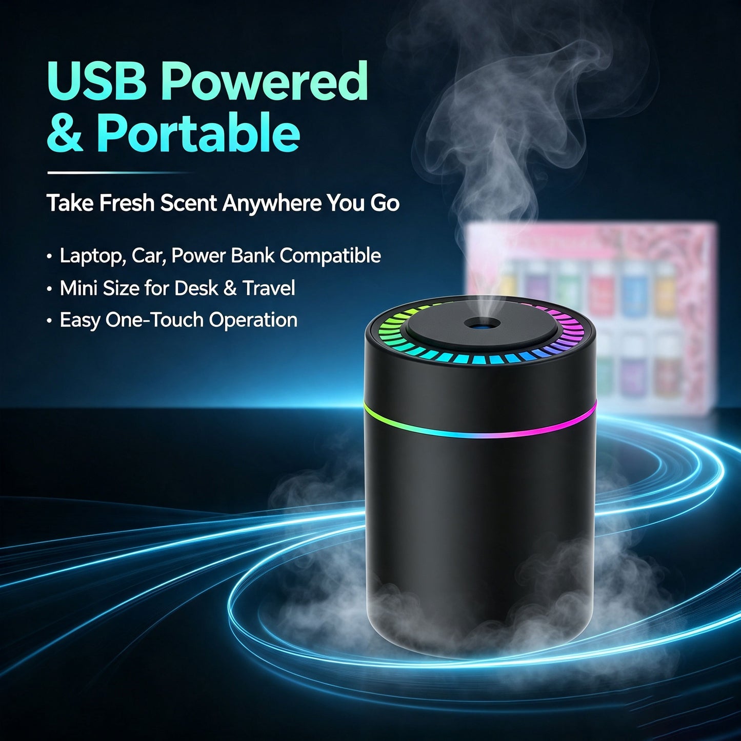 Portable Humidifier with Colorful LED Night Light and 12PCS Essential Oils