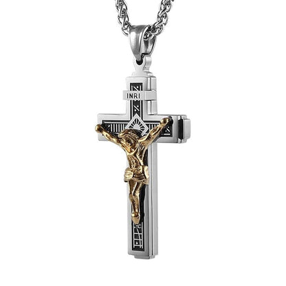 Catholic Jesus Christ on INRI Cross Crucifix Silver Tone Pendant Necklace 22+2 Chain