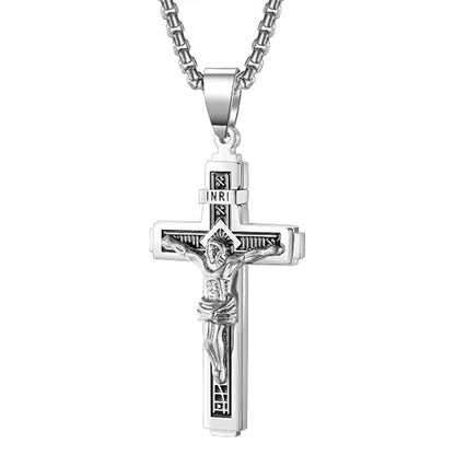 Catholic Jesus Christ on INRI Cross Crucifix Silver Tone Pendant Necklace 22+2 Chain