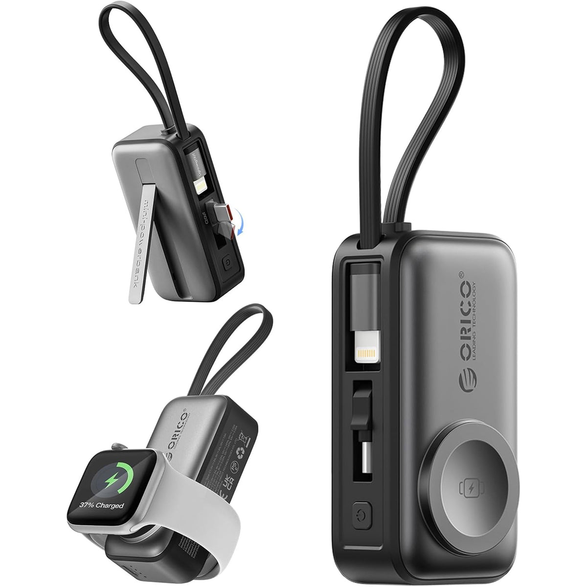 3-in-1 5000mAh Portable Charger with Built-in USB-C Cable | Mini Power Bank for Apple Watch
