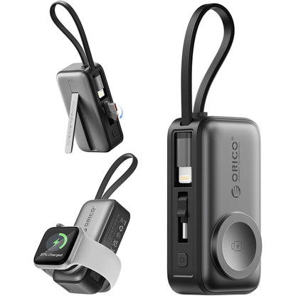3-in-1 5000mAh Portable Charger with Built-in USB-C Cable | Mini Power Bank for Apple Watch
