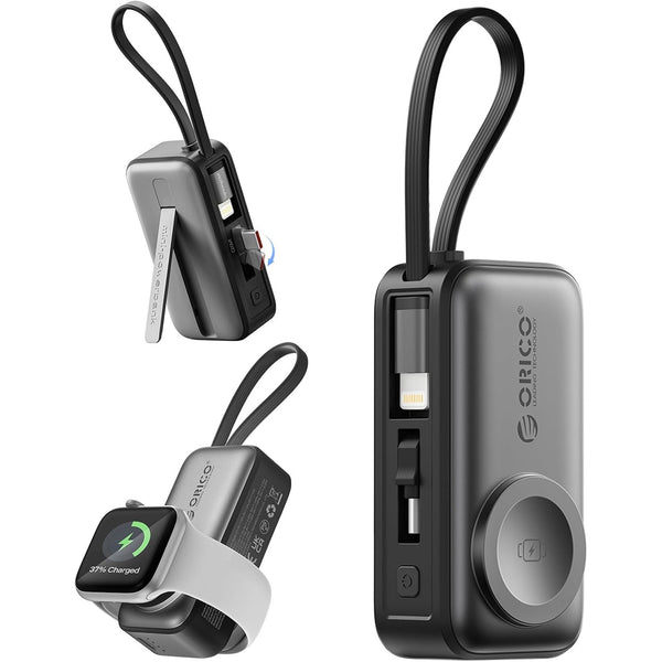 3-in-1 5000mAh Portable Charger with Built-in USB-C Cable | Mini Power Bank for Apple Watch