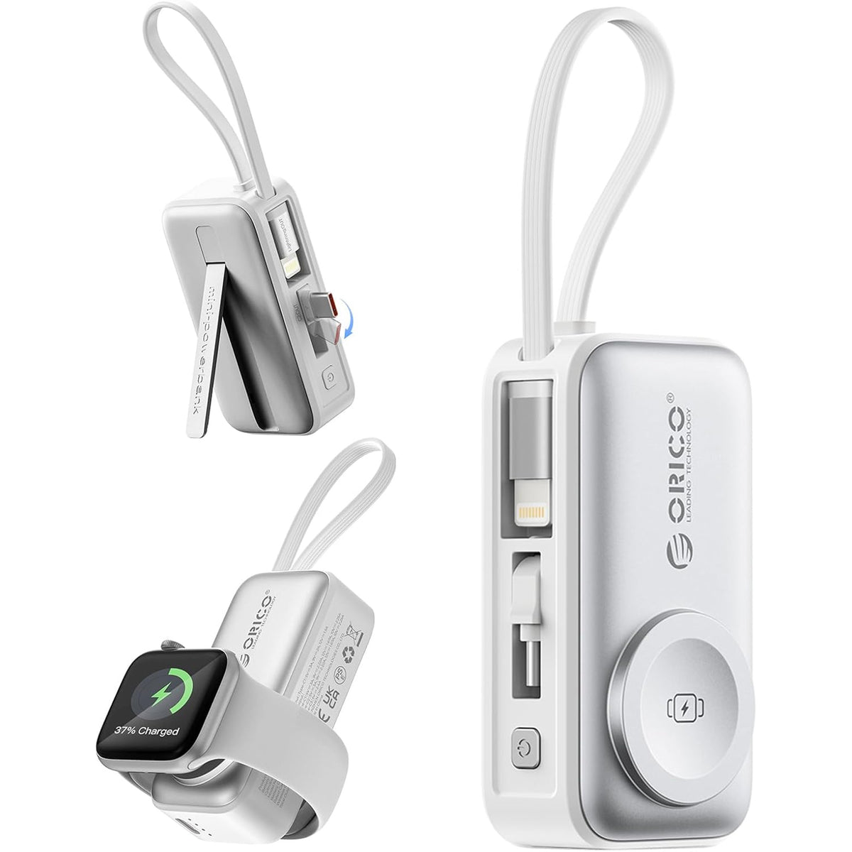 3-in-1 5000mAh Portable Charger with Built-in USB-C Cable | Mini Power Bank for Apple Watch