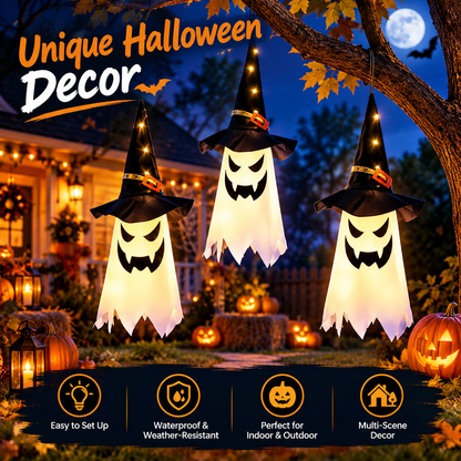 3Pcs Halloween Hanging Lighted Glowing Ghost Witch Hat Indoor Outside Ornaments