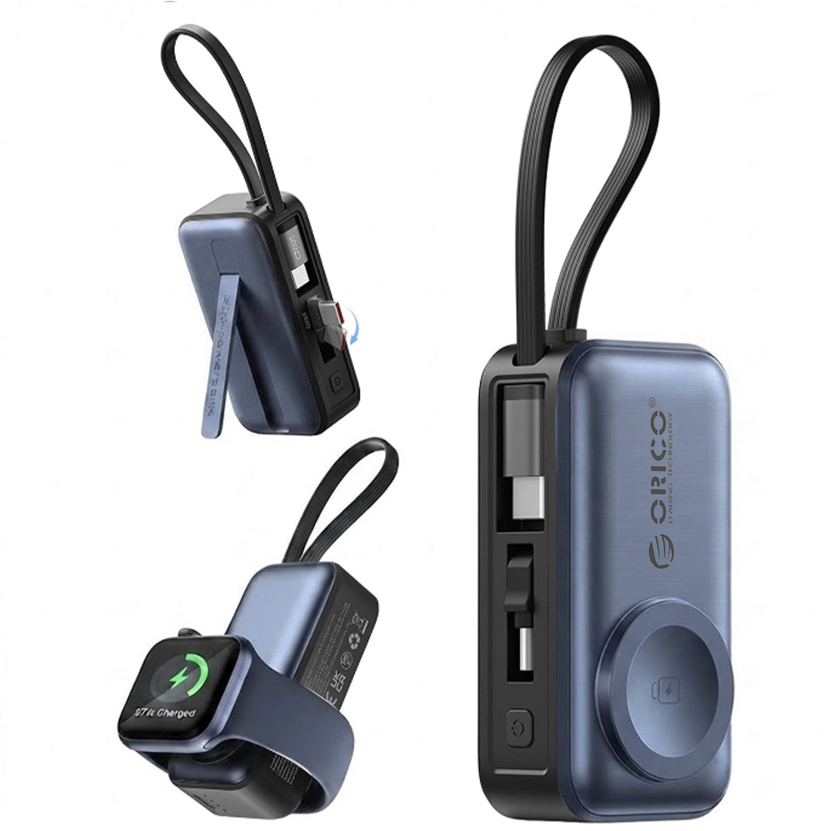 3-in-1 5000mAh Portable Charger with Built-in USB-C Cable | Mini Power Bank for Apple Watch