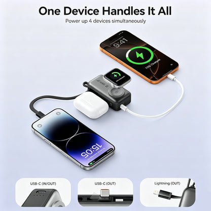 3-in-1 5000mAh Portable Charger with Built-in USB-C Cable | Mini Power Bank for Apple Watch