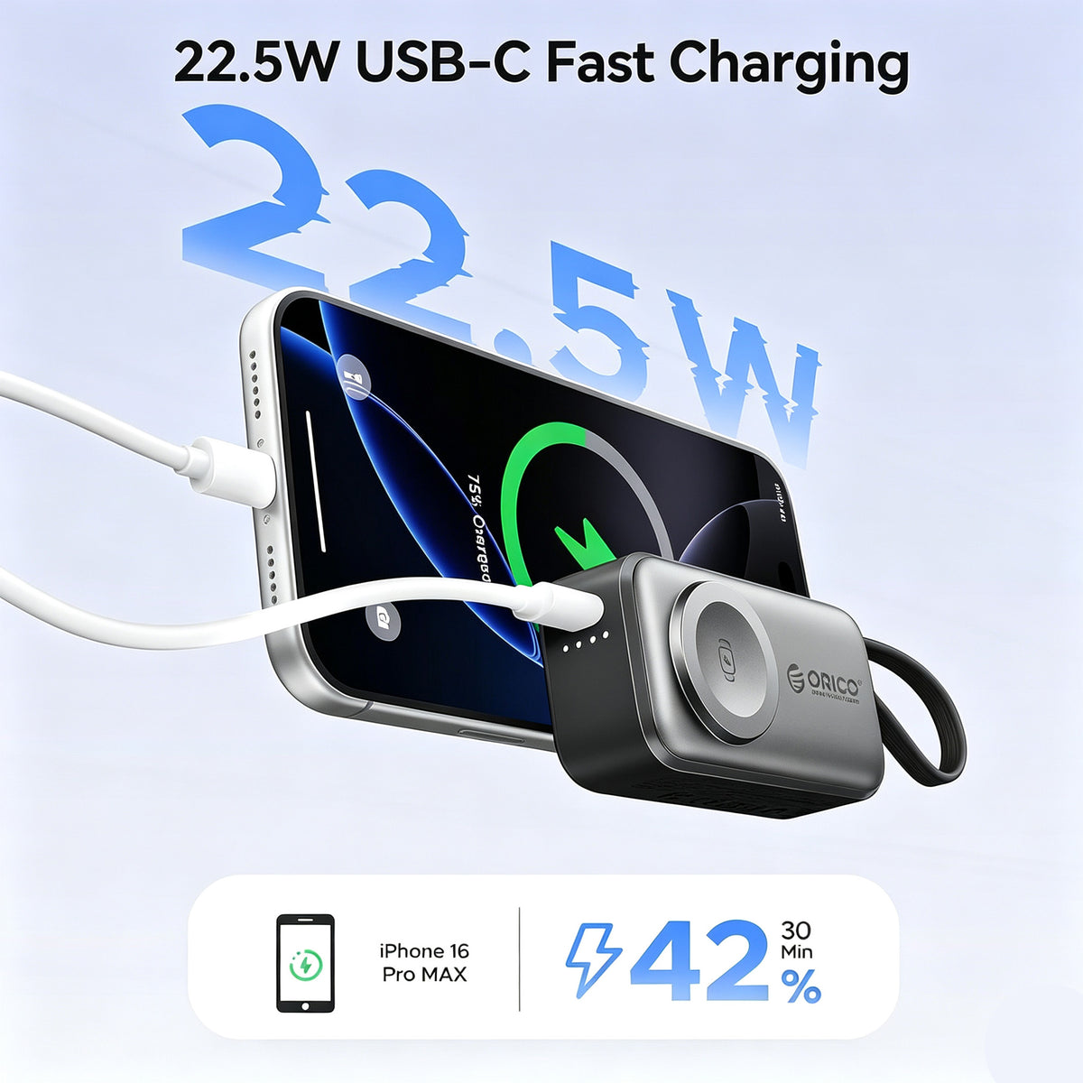 3-in-1 5000mAh Portable Charger with Built-in USB-C Cable | Mini Power Bank for Apple Watch