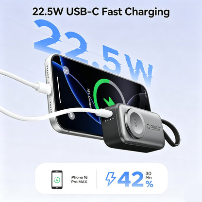3-in-1 5000mAh Portable Charger with Built-in USB-C Cable | Mini Power Bank for Apple Watch